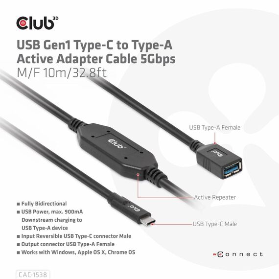 CLUB3D USB Gen1 Type-C to Type-A Active Adapter Cable 5Gbps M/F 10m/32.8ft, 6 image