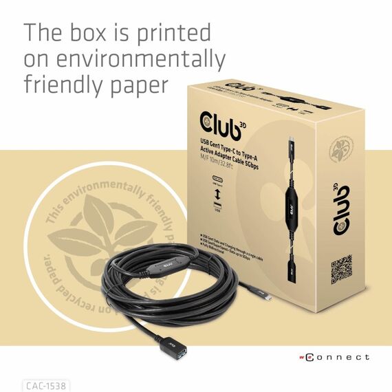 CLUB3D USB Gen1 Type-C to Type-A Active Adapter Cable 5Gbps M/F 10m/32.8ft, 7 image