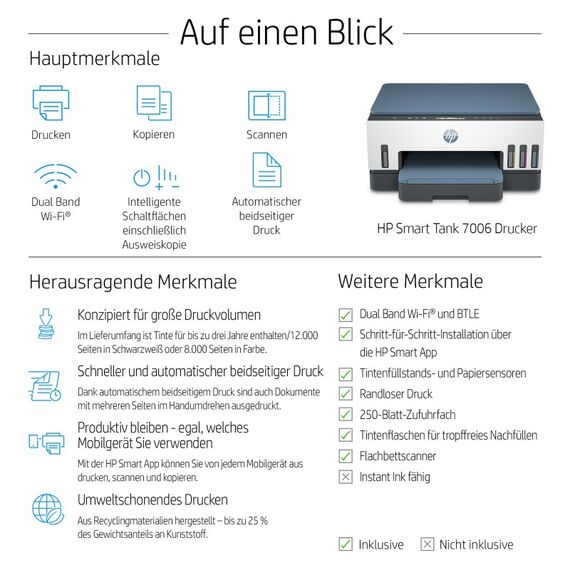 HP Smart Tank 7006 Wireless All-in-One Farbe Drucker, Beidseitiger Druck; Kopierer, Scanner, 4 image