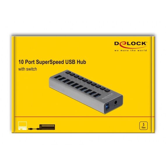 DeLOCK Externer 5 Gbps USB Hub mit 10 Ports + Schalter, 3 image