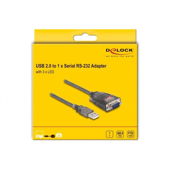 DeLOCK Adapter USB 2.0 Typ-A zu 1 x Seriell RS-232 D-Sub 9 Pin Stecker mit Muttern mit 3 x LED 1 m