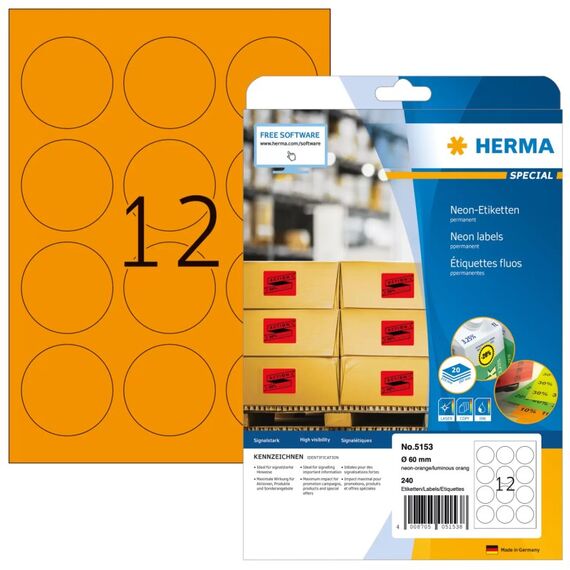 HERMA Neonetiketten A4 Ø 60 mm rund neon-orange Papier matt 240 St., Farbe: Orange