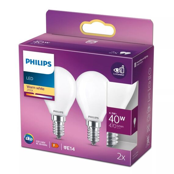 Philips Filament-Kerzenlampe, P45, E14 x2, Milchglas, 40 W