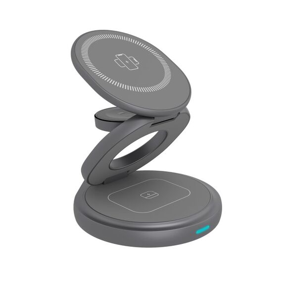 ICY BOX IB-SH101-CH, 3 in 1 klappbarer Ständer mit kabelloser Ladefunktion, magnetisch, für Smartphone, Inear-Kopfhörer und Smartwatch, Aluminium