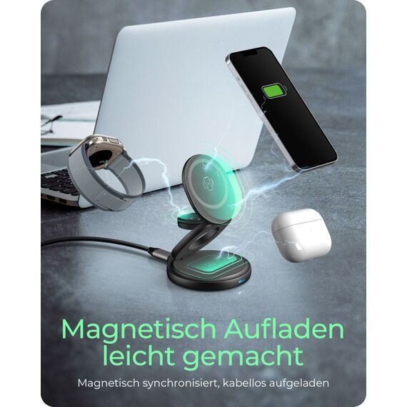 ICY BOX IB-SH101-CH, 3 in 1 klappbarer Ständer mit kabelloser Ladefunktion, magnetisch, für Smartphone, Inear-Kopfhörer und Smartwatch, Aluminium, 2 image