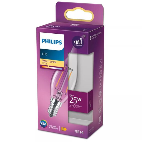 Philips Filament-Kerzenlampe, BA35, E14, transparent, 25 W