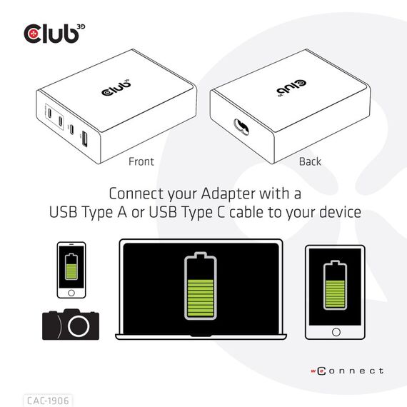 CLUB3D Travel Charger 132W GAN technology, Four port USB Type-A and -C, Power Delivery(PD) 3.0 Support, 8 image