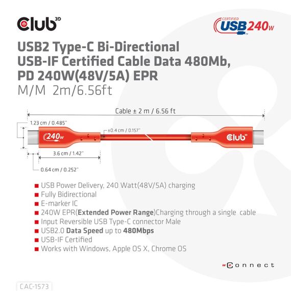 CLUB3D USB2 Type-C Bi-Directional Cable, Data 480Mb,PD 240W(48V/5A) EPR M/M 2m, 7 image