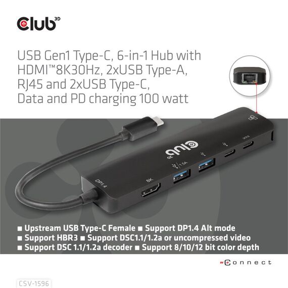 CLUB3D USB Gen1 Type-C, 6-in-1 Hub with HDMI 8K30Hz, 2xUSB Type-A, RJ45 and 2xUSB Type-C, Data and PD charging 100 watt, 3 image