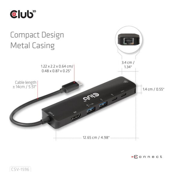 CLUB3D USB Gen1 Type-C, 6-in-1 Hub with HDMI 8K30Hz, 2xUSB Type-A, RJ45 and 2xUSB Type-C, Data and PD charging 100 watt, 6 image