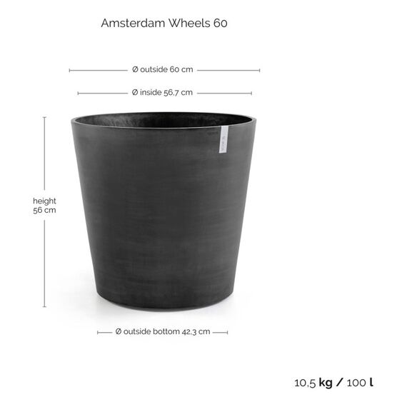 Ecopots Amsterdam Wheels 60 Drinnen/Draußen Topfpflanzer Freistehend Dunkles Grau, Farbe: Dunkles Grau, 3 image