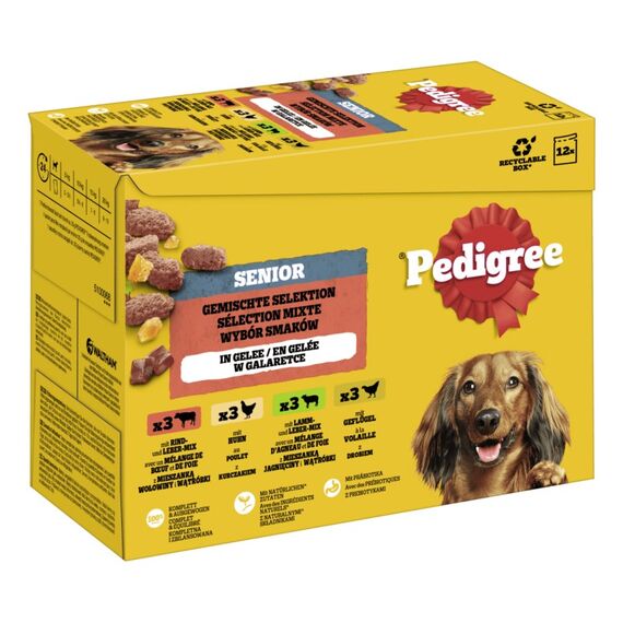 Pedigree Multipack Portionsbeutel Senior Gemischte Selektion 4 Varietäten Rind- und Lebermischung, Huhn, Lamm- und Lebermischung, Geflügel in Gelee