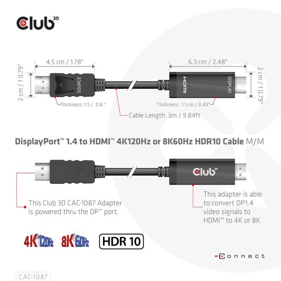 CLUB3D DisplayPort 1.4 to HDMI 4K120Hz or 8K60Hz HDR10 Cable M/M 3m/9.84ft, 3 image