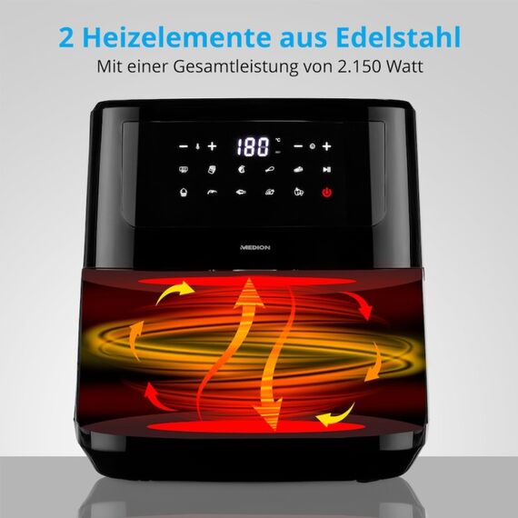 MEDION LIFE P10 XL Duo Heißluftfritteuse MD 11750, mit 2 Heizelementen, 2.150 W Gesamtleistung, ölfreies Frittieren, 9 Automatikprogramme, 6,8 L Nutzinhalt, Farbe: Schwarz, Länge: 1,5 m, 3 image