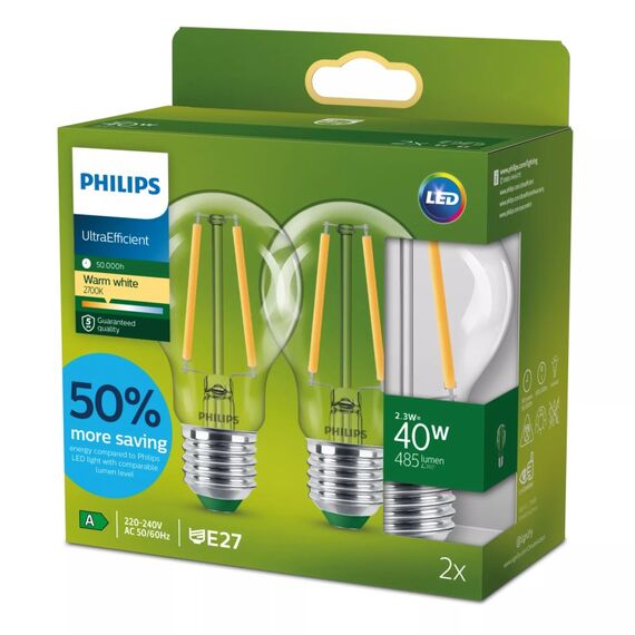 Philips Filament-Lampe, transparent, 40W A60 E27 x2