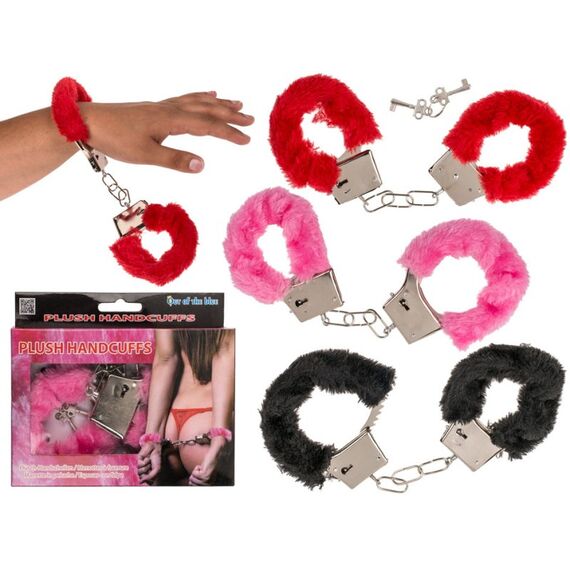 Goldbuch Handschellen mit Plüsch, 3-fach ass. in rot, pink und schwarz, mit Schlüssel, 2 image