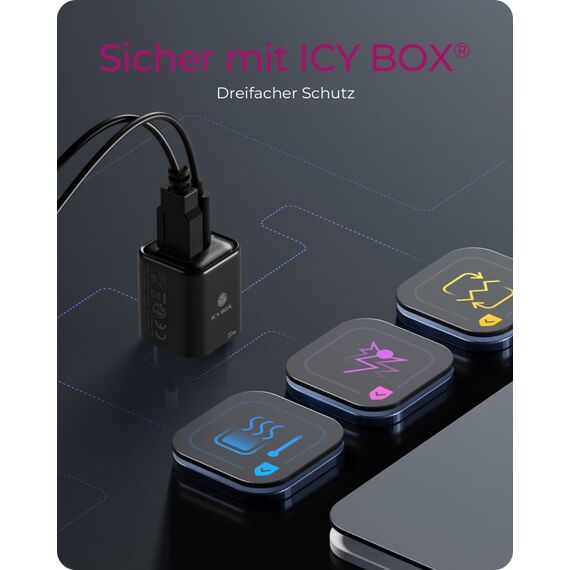 ICY BOX IB-PS1020-PD, 2 Port USB 20 W Schnellladegerät für Mobilgeräte, 1x Type-C® PD 3.0 Anschluss, 1x USB Type-A QC 3.0 Anschluss