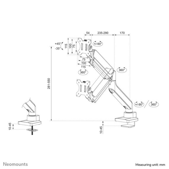 Neomounts DS70-450BL1 Monitorarm 17-42" - Gasfeder - Topfix - 180°-Stopp, 15 image