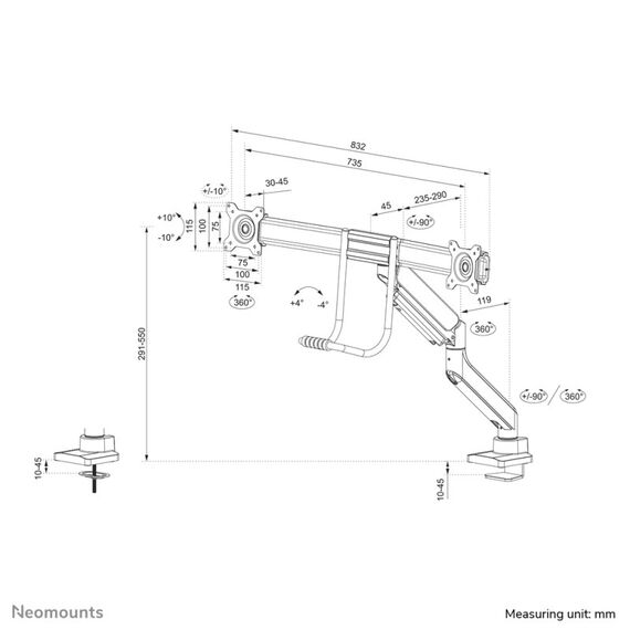 Neomounts DS75-450BL2 Monitorarm 17-32" - Gasfeder - Topfix - 180°-Stopp, 18 image