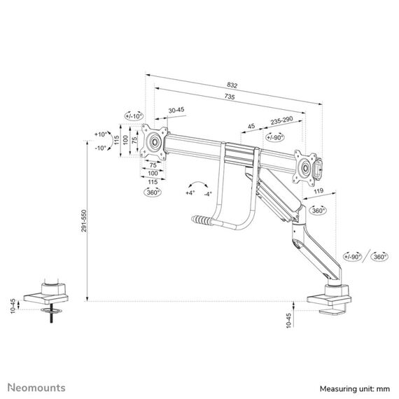 Neomounts DS75-450WH2 Monitorarm 17-32" - Gasfeder - Topfix - 180°-Stopp, 17 image