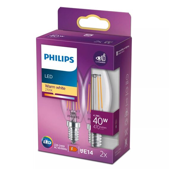Philips Filament-Kerzenlampe, transparent 40W B35 E14 x2, 2 image