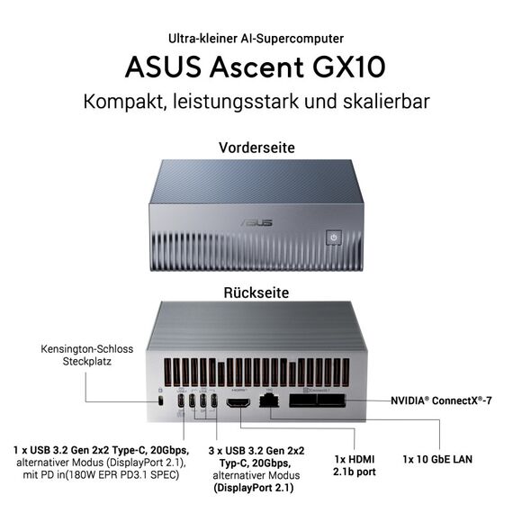 ASUS Ascent GX10 -GG0027BN 4TB KI Supercomputer (NVIDIA GB10 Grace Blackwell Superchip, 1 petaFLOP KI-Leistung, 128 GB Speicher, NVIDIA DGX Spark, NVIDIA NVLink-C2C, NVIDIA ConnectX-7, unterstützt OpenClaw & NemoClaw), 2 image