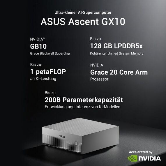 ASUS Ascent GX10 -GG0027BN 4TB KI Supercomputer (NVIDIA GB10 Grace Blackwell Superchip, 1 petaFLOP KI-Leistung, 128 GB Speicher, NVIDIA DGX Spark, NVIDIA NVLink-C2C, NVIDIA ConnectX-7, unterstützt OpenClaw & NemoClaw), 3 image
