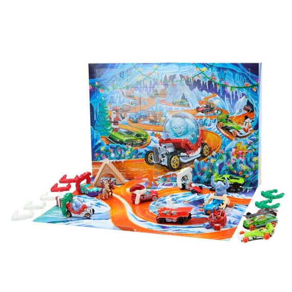 Hot Wheels Adventskalender 2026, 10 Spielzeugfahrzeuge im Maßstab 1:64, 14 Zubehörteile und 10 Clips zum Befestigen
