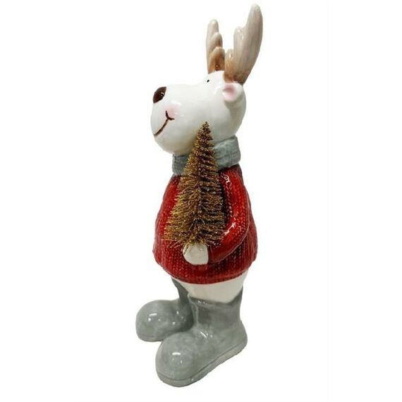 dameco Deko Figur Elch aus Dolomit mit Baum aus Metall rot weiss H21cm