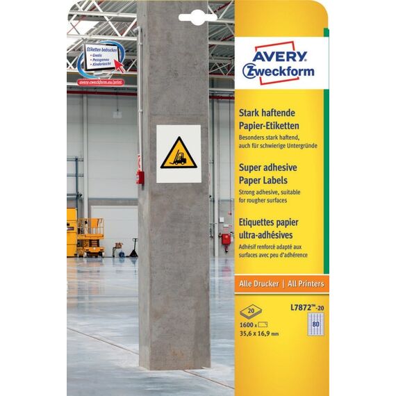 Avery L7872-20 selbstklebendes Etikett Rechteck Permanent Weiß 1600 Stück(e)