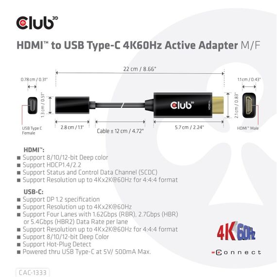CLUB3D HDMI to USB Type-C 4K60Hz Active Adapter M/F, 4 image