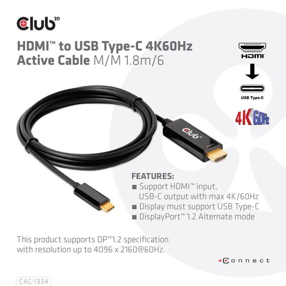 CLUB3D HDMI to USB Type-C 4K60Hz Active Cable M/M 1.8m/6 ft, 3 image