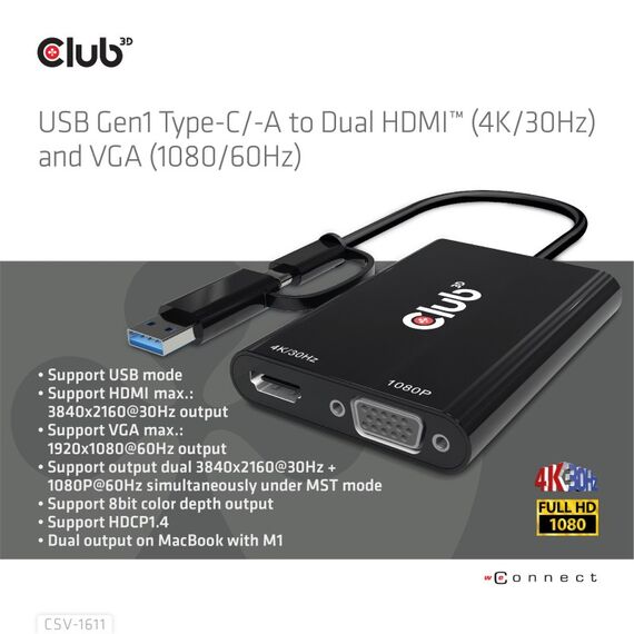 CLUB3D USB Gen1 Type-C/-A to Dual HDMI (4K/30Hz) / VGA (1080/60Hz), 6 image