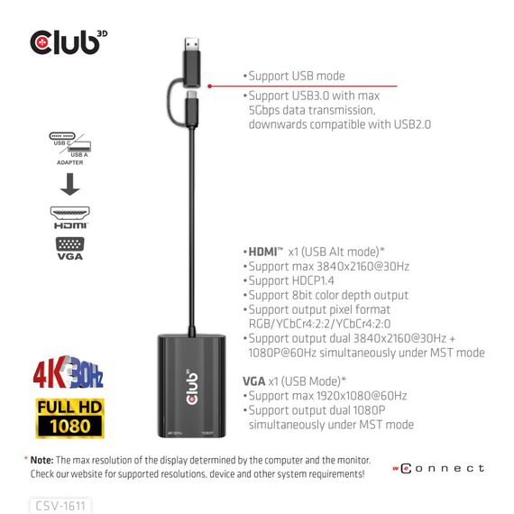 CLUB3D USB Gen1 Type-C/-A to Dual HDMI (4K/30Hz) / VGA (1080/60Hz), 10 image