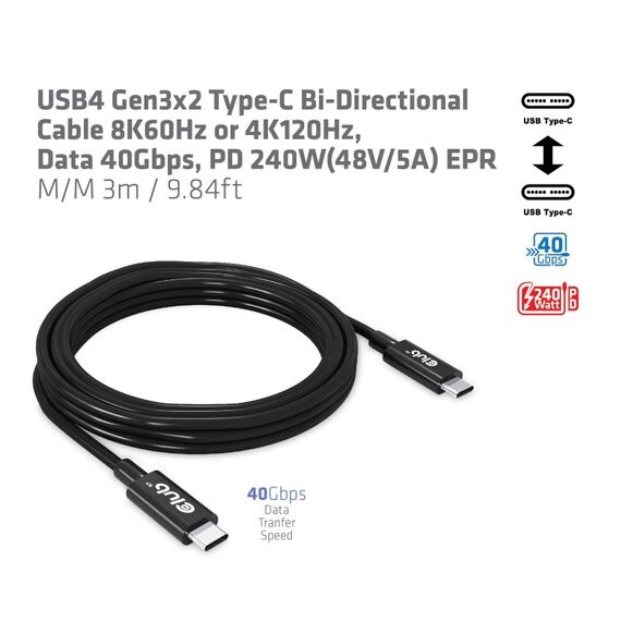 CLUB3D CAC-1579 USB Kabel USB4 Gen 3x2 3 m USB C 40 Gbit/s 240 W Schwarz, 5 image