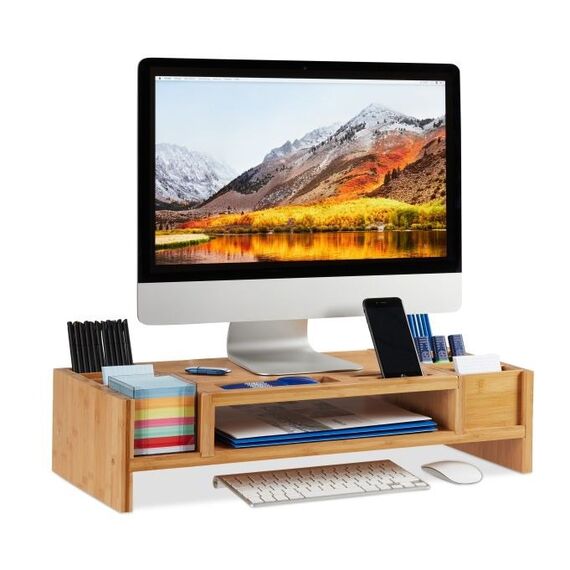Relaxdays Monitorständer mit Staufächern Tisch/Bank Natürlich/Natur