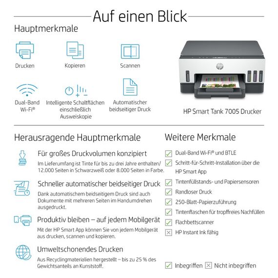 HP Smart Tank 7005 Wireless All-in-One Farbe Drucker, Beidseitiger Druck; Kopierer, Scanner, 5 image