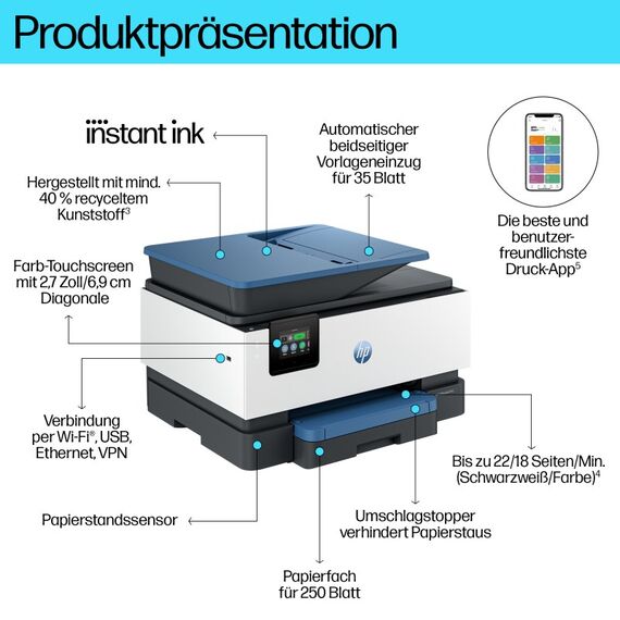 HP OfficeJet Pro 9125e Wireless All-in-One Farbe Drucker, Instant Ink; Beidseitiger Druck, 4 image