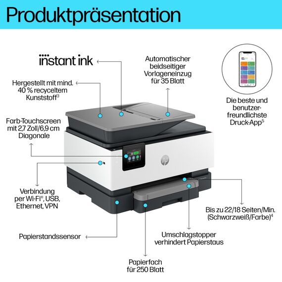 HP OfficeJet Pro 9122e Wireless All-in-One Farbe Drucker, Instant Ink; Beidseitiger Druck, 2 image