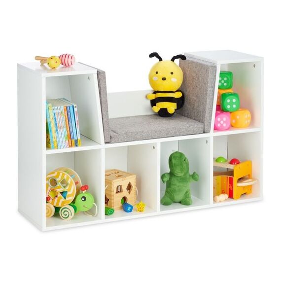 Relaxdays Kinderregal mit Sitzkissen Spielzeug-Aufbewahrungsregale Wand-montiert Weiß