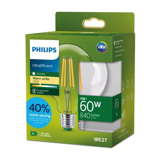 Philips Filament-Lampe transparent 60W G95 E27, 2 image