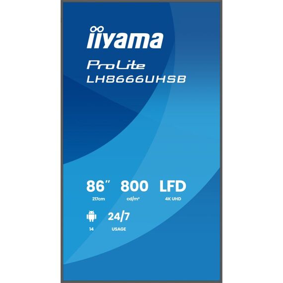iiyama 86" 3840x2160, UHD IPS panel, Haze 25% 800cd/m², Landscape and Portrait, IP5X Dust protection Speakers 2x 16W, 2x HDMI, 1x USB-C (DP Alt, 15W PD, Data loop through), USB 2.0, USB 3.0, WiFi, LAN, Media Play USB Port, Control LAN / RS232C, iiSignage2, 4 image