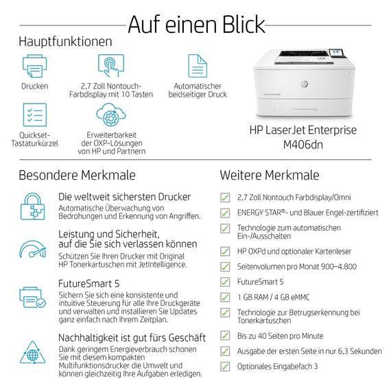 HP LaserJet Enterprise M406dn Schwarzweiß Drucker, Nur Ethernet; Duplex, 3 image