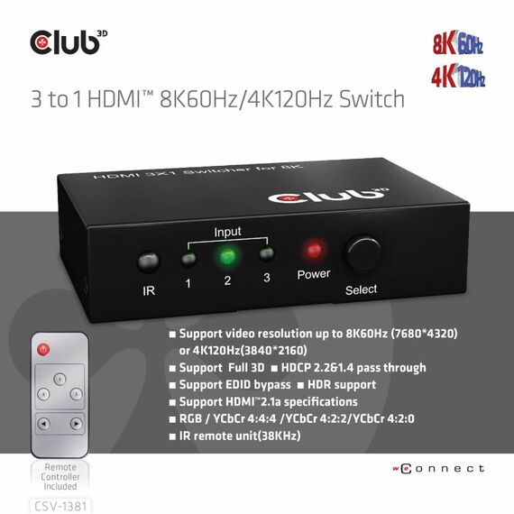 CLUB3D HDMI™ 3 auf 1 Umschalter 8K60Hz/4K120Hz Umschalter, 4 image