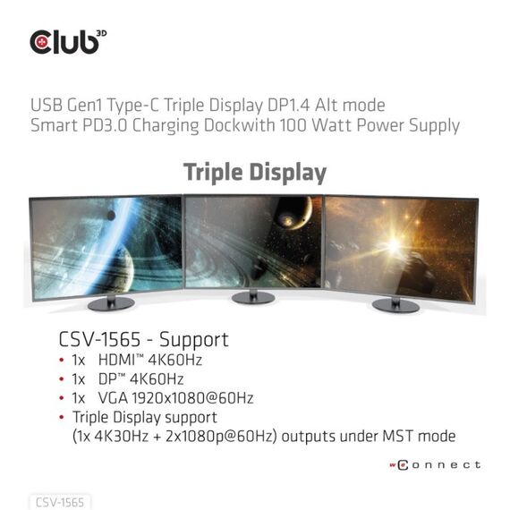 CLUB3D Dockingstation USB Gen1 Typ-C Dreifach-Display DP1.4 Alt-Modus Smart PD3.0 mit 100-Watt-Netzteil, 2 image