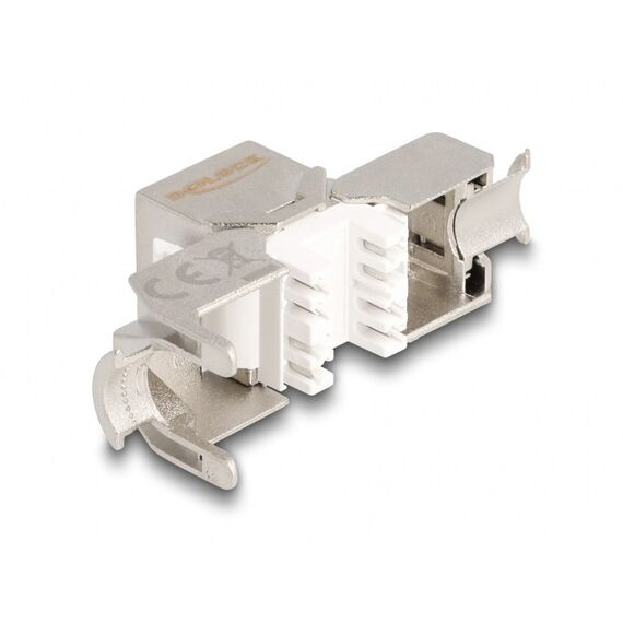 DeLOCK Keystone Modul RJ45 Buchse zu LSA Cat.6A werkzeugfrei mit blauer Staubschutzkappe, Farbe: Blau, Metallisch, Weiß