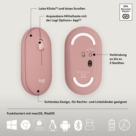 Logitech Pebble 2 M350s Maus Reisen Beidhändig RF Wireless + Bluetooth Optisch 4000 DPI, 10 image