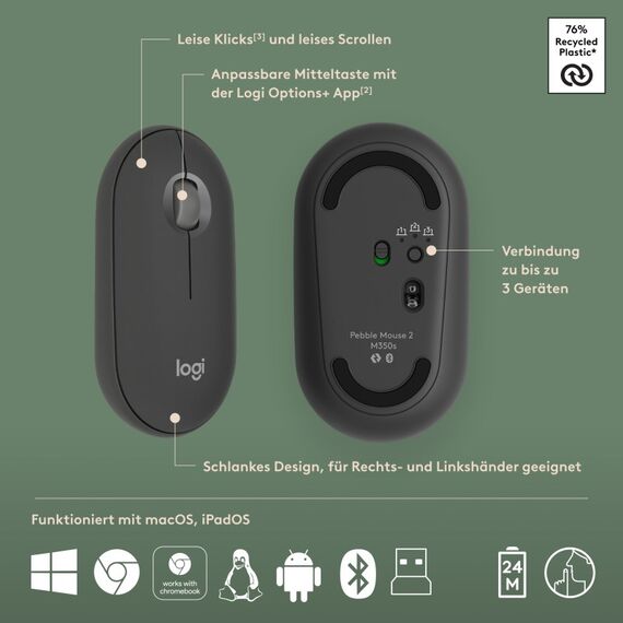 Logitech Pebble 2 M350s Maus Reisen Beidhändig RF Wireless + Bluetooth Optisch 4000 DPI, 10 image