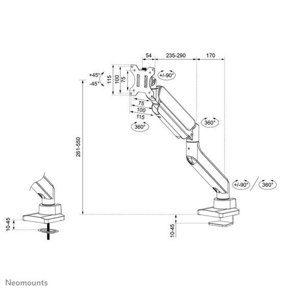 Neomounts DS70PLUS-450WH1 Monitorarm 17-49" - Gasfeder - Topfix - 180°-Stopp, Farbe: Weiß, 16 image