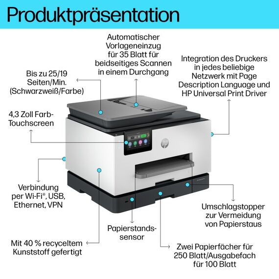 HP OfficeJet Pro 9130b Wireless All-in-One Farbe Drucker, Beidseitiger Druck; Kopierer, Scanner, 3 image